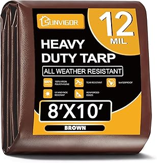 Sunvigor Tarp Waterproof 8x10Ft, Extra Thick 12 Mil Heavy Duty Tarp Cover, Tear & Fade Resistant, Outdoor Tarps with Brass Grommets and Reinforced Edges for Roof, Camping, Patio, Boat (Brown)