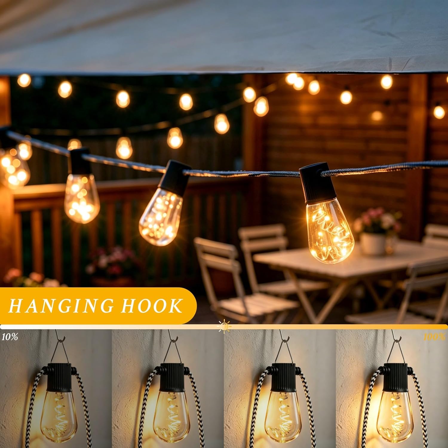 Solar String Lights - String Lights with 20 Shatterproof LED Bulbs and 33 FT Braided Cable, Bistro Lights with a Remote Control and IP44 Waterproof, Patio Lights for Backyard/Balconies/Cafes/Camping