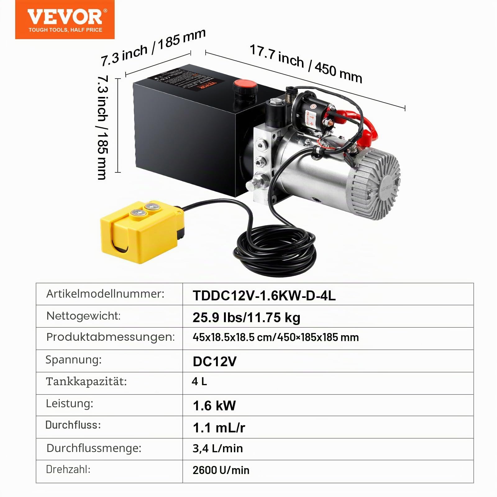 VEVOR Hydraulikpumpe 12V 3,8L 1600W Einfachwirkende Hydraulic Power Pack 1 Gal Tank