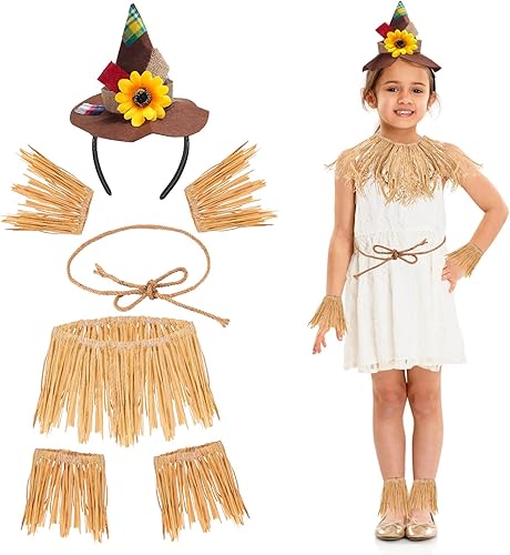 Yewong Juego de 7 accesorios para disfraz de espantapájaros, sombrero de espantapájaros con popote de rafia, accesorio para fiesta de cosecha de