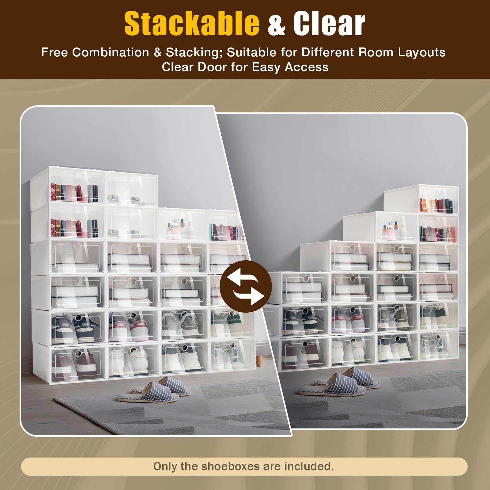 24 cajas para zapatos transparentes y blancas, cajas de almacenamiento apilables, de plástico, plegables, para zapatos, libros (33 x 23 x 14 cm)