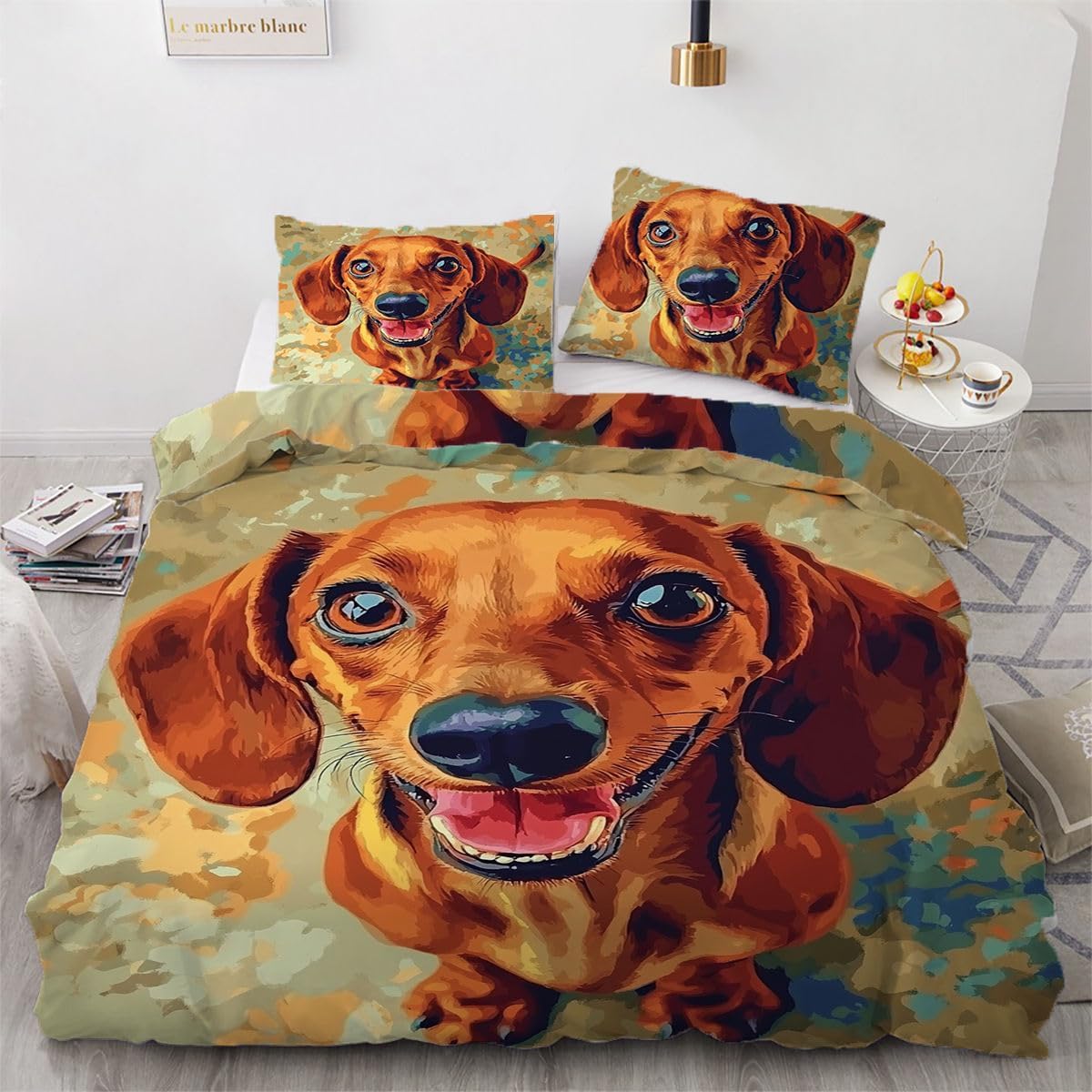 NDXRWDZR Single Bedding Set Brown Dachshund Duvet Cover for Kids Soft Hypoallergenic Microfiber Duvet Cover with Zipper Closure, 1 Duvet Cover 135x200 cm + 2 Pillowcases 50x75 cm