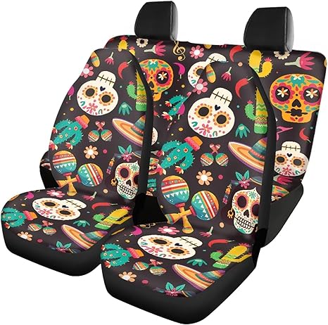 Mexico Sugar Skull Cactus Car Seat Covers Full Set, Retro Art Day of Dead Skeleton Front Seat Covers Back Seat Cover for Cars, Cactus Automotive Interior Covers