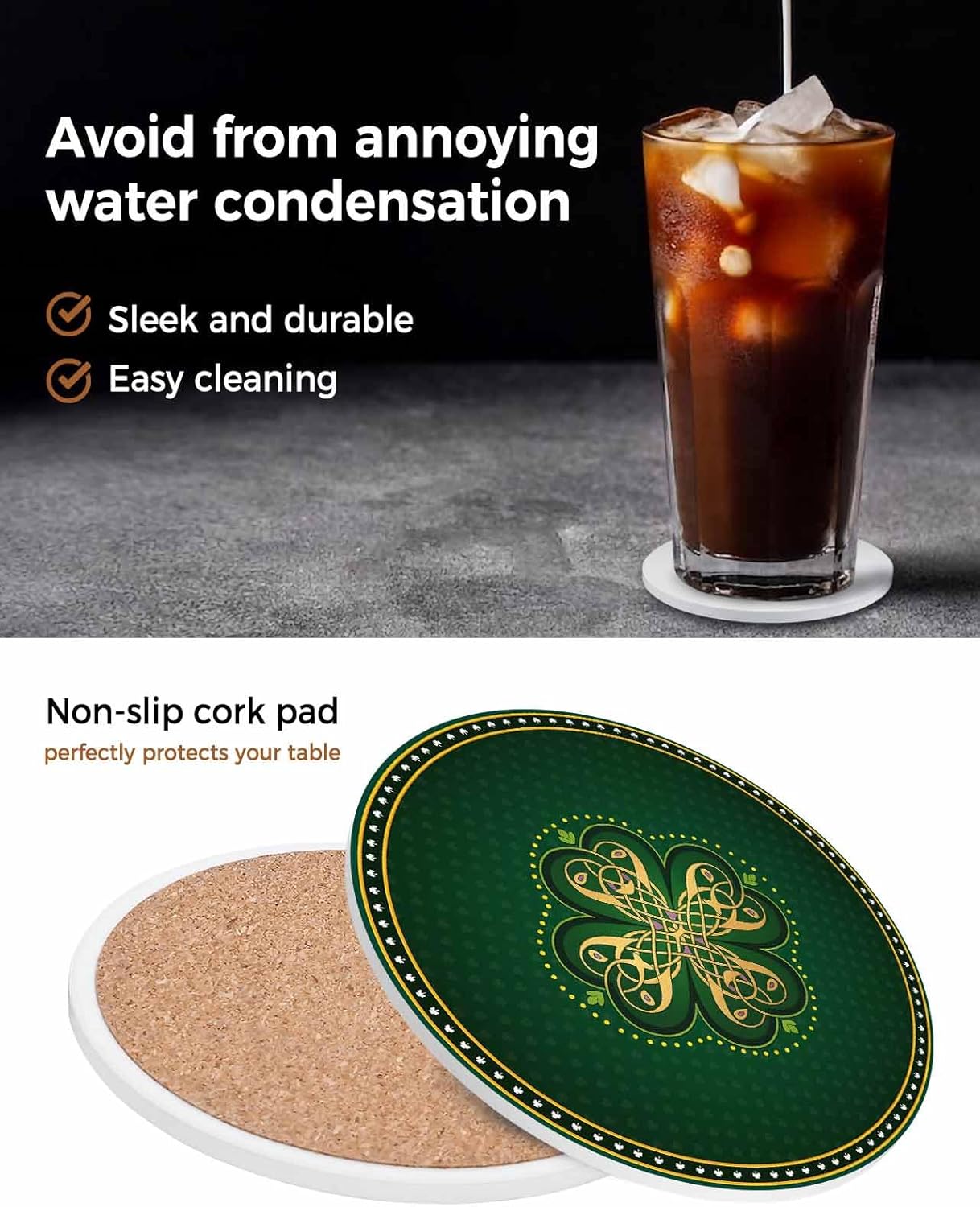 St Patricks Day Drink Coasters Set of 6 with Holder,Absorbent Round Ceramic Coasters for Desk,Modern Green Shamrock Gold Textured Cup Mats for Home Kitchen Office Party Coffee Table Decor Supplies