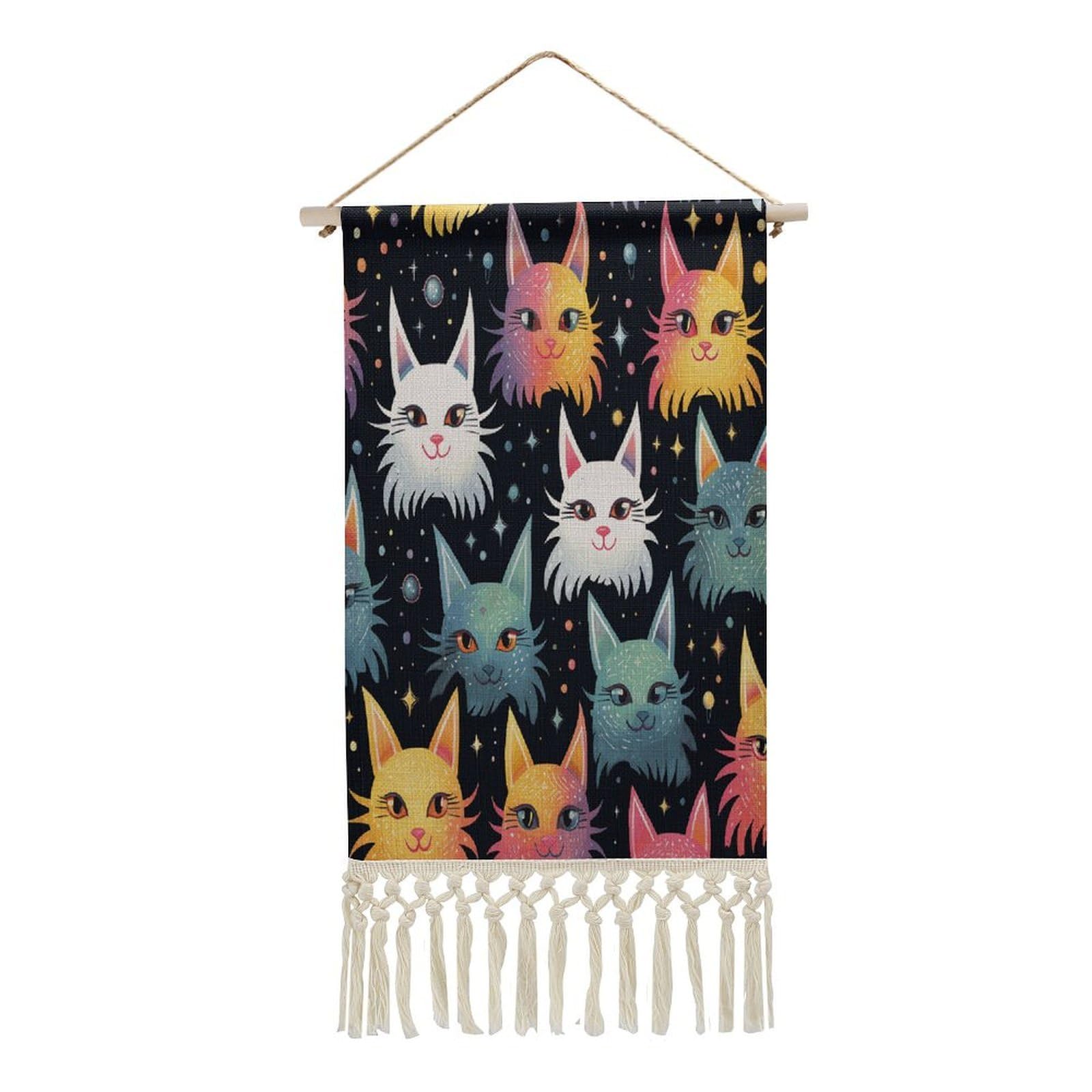 Adfgyerh Style Star Ear Cat Tapestry With Tassels Cotton And Linen Hanging Posters, Wall Art For Travel Gift, Wall Tapestry For Office Home Decor Bedroom Living Room Decor