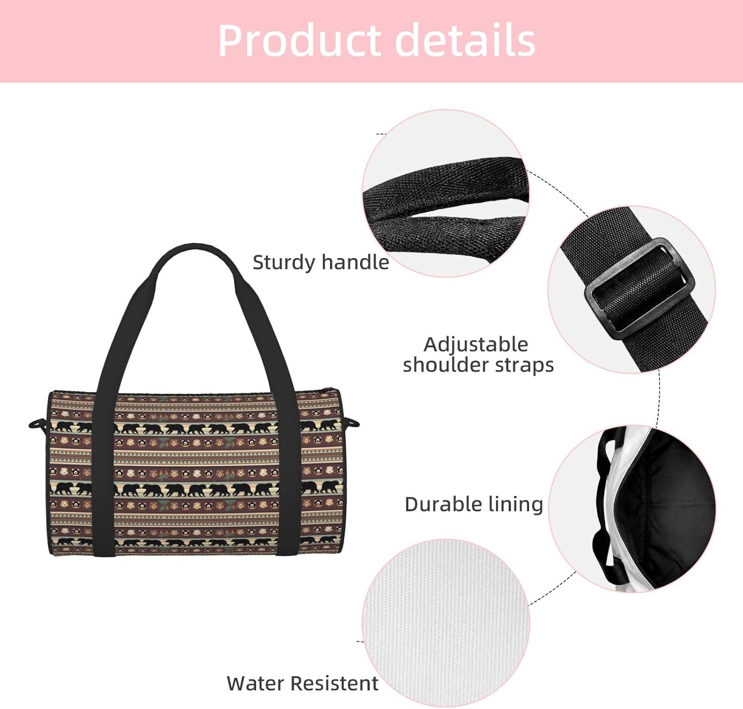 Bear Print Sports Tote Bag Lightweight Water-Resistant Gym Backpack Travel Supplies