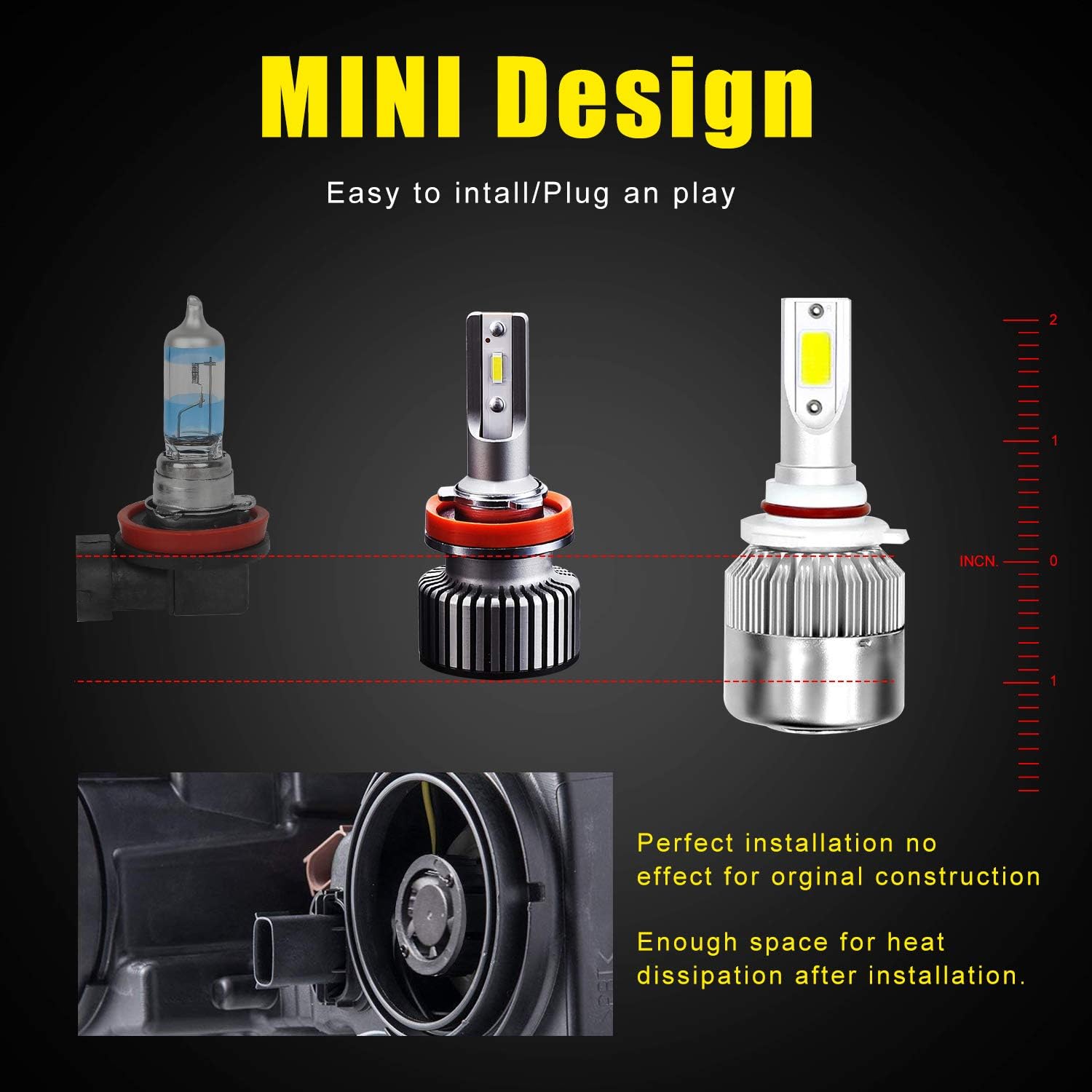 H11 LED Headlight Bulb Hi Low Beam or Fog Light, A-1ux All-in-one 12xCSP Chips H11/H8/H9 Conversion Kit - Xenon White 10800LM 6000K