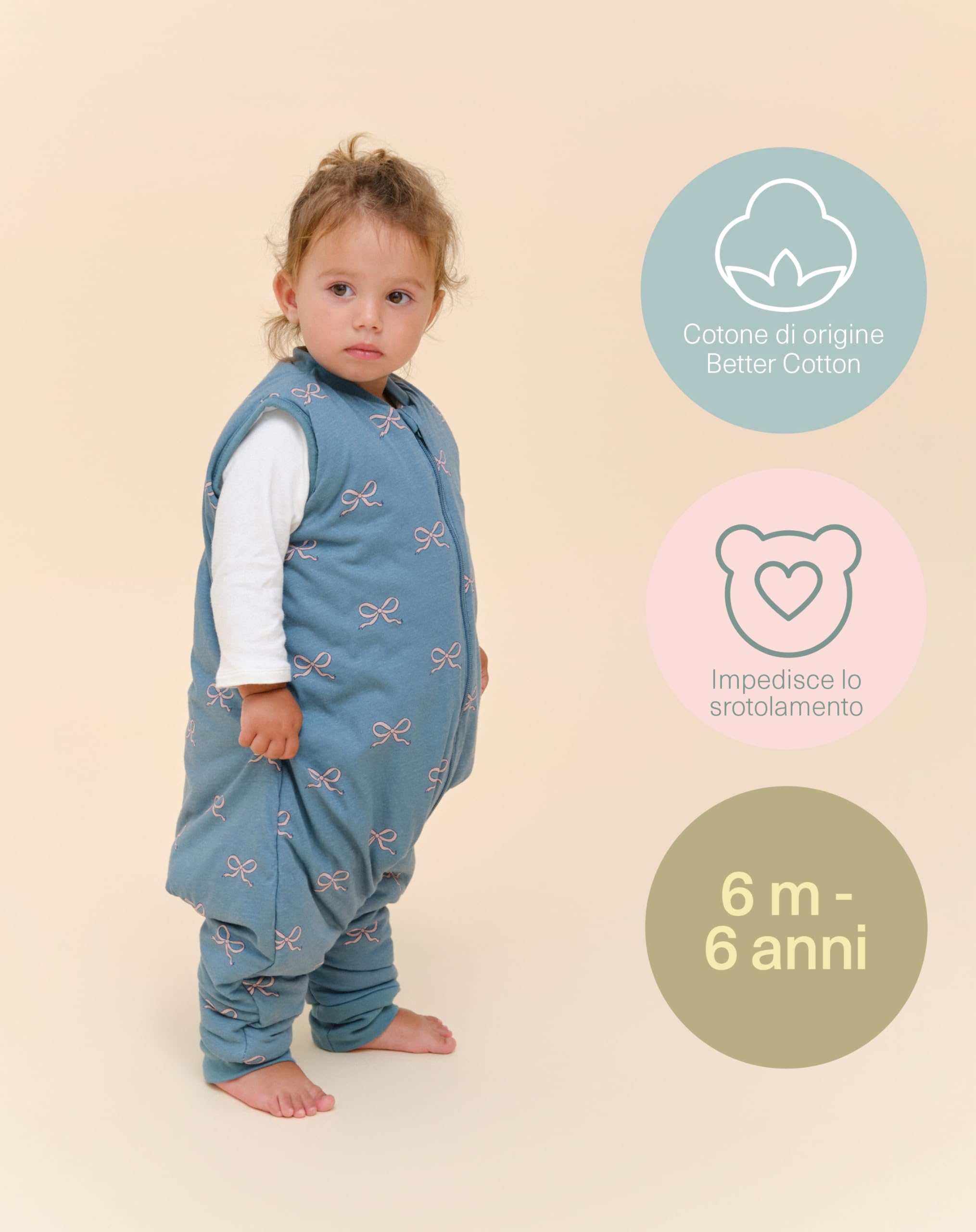 molis&co - Sacco Nanna con Piedini - Sacco Nanna Invernale per Bambini - Sacchi Nanna 2.5 tog con Piedini - 100% Cotone (Oeko-Tex 100) - Bows (1 Anno)