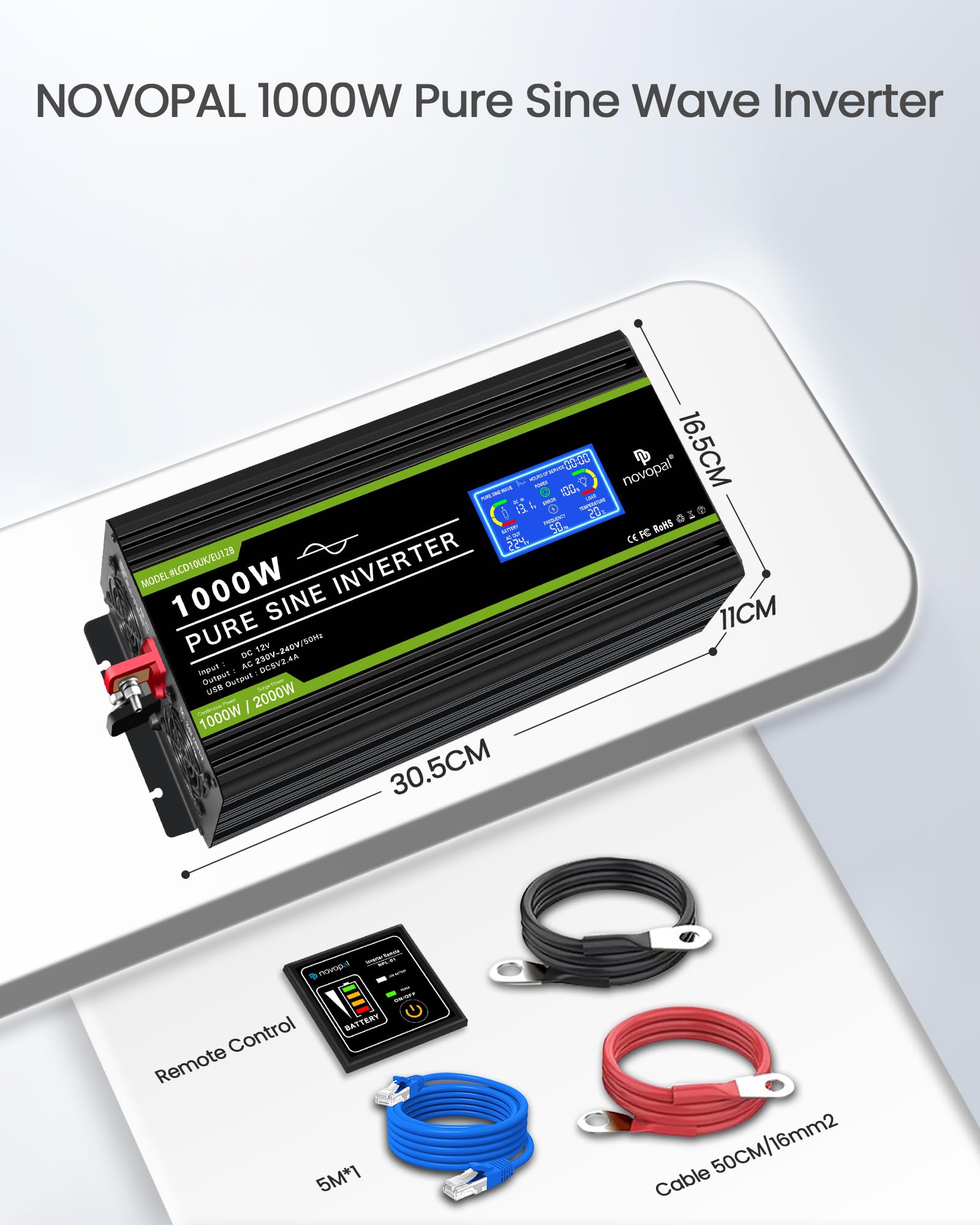 NOVOPAL 1000W Pure Sine Wave Power Inverter DC 12V to AC 220V with LCD Display USB EU Plug Remote Control for Truck Camper Car