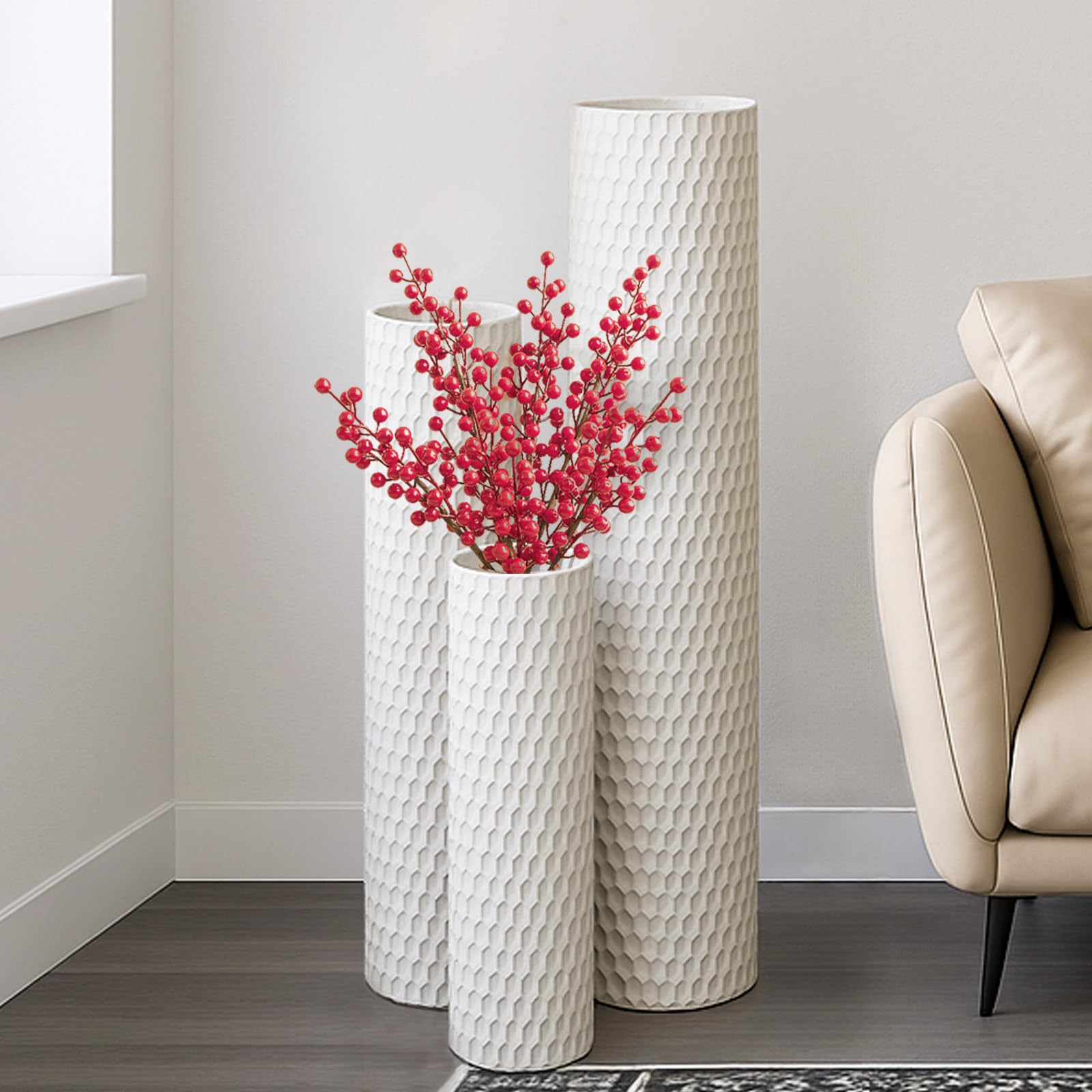 aleawol Bodenvase Weiß Groß 70/55/40cm, Hohe Bodenvasen Set of 3 | Hohe Bodenvase Metall für Pampasgras Trockenblumen, Moderne Wabenstruktur Vasen für Boden für Wohnzimmer Schlafzimmer Corner