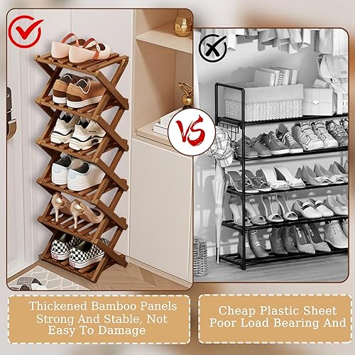 Miniatura 6 de Comeon Zapatero de bambú, zapatero vertical plegable para puerta delantera, entrada, organizador estrecho de zapatos, estante pequeño para zapatos