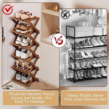 Comeon Bamboo Shoe Rack, Foldable Vertical Shoe Rack for Front Door Entrance Narrow Shoe Organizer Small Shoe Shelf for Entryway Shoe Storage Closet Multi-Tier (Brown Colors,4 Layers)