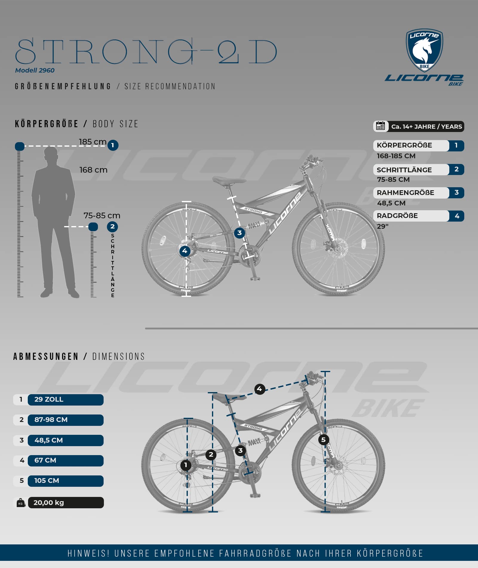 Licorne Bike Strong 2D Premium Mountain Bike en bicicleta de 26, 27,5 y 29 pulgadas para niños, niñas, mujeres y hombres, freno de disco delantero y trasero, 21 marchas, suspensión completa