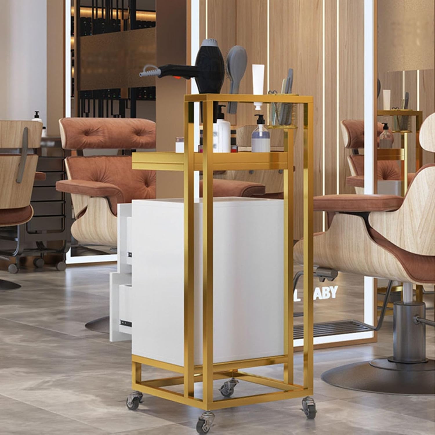 Multi Storage Roller Trolleys with Hairdryer Holder with Non-Slip Silent Universal Wheel Hairdressing Trolleys Heavy Duty Salon Trolleys with 2 Drawers 85x37x37 Centimetre(Brown)
