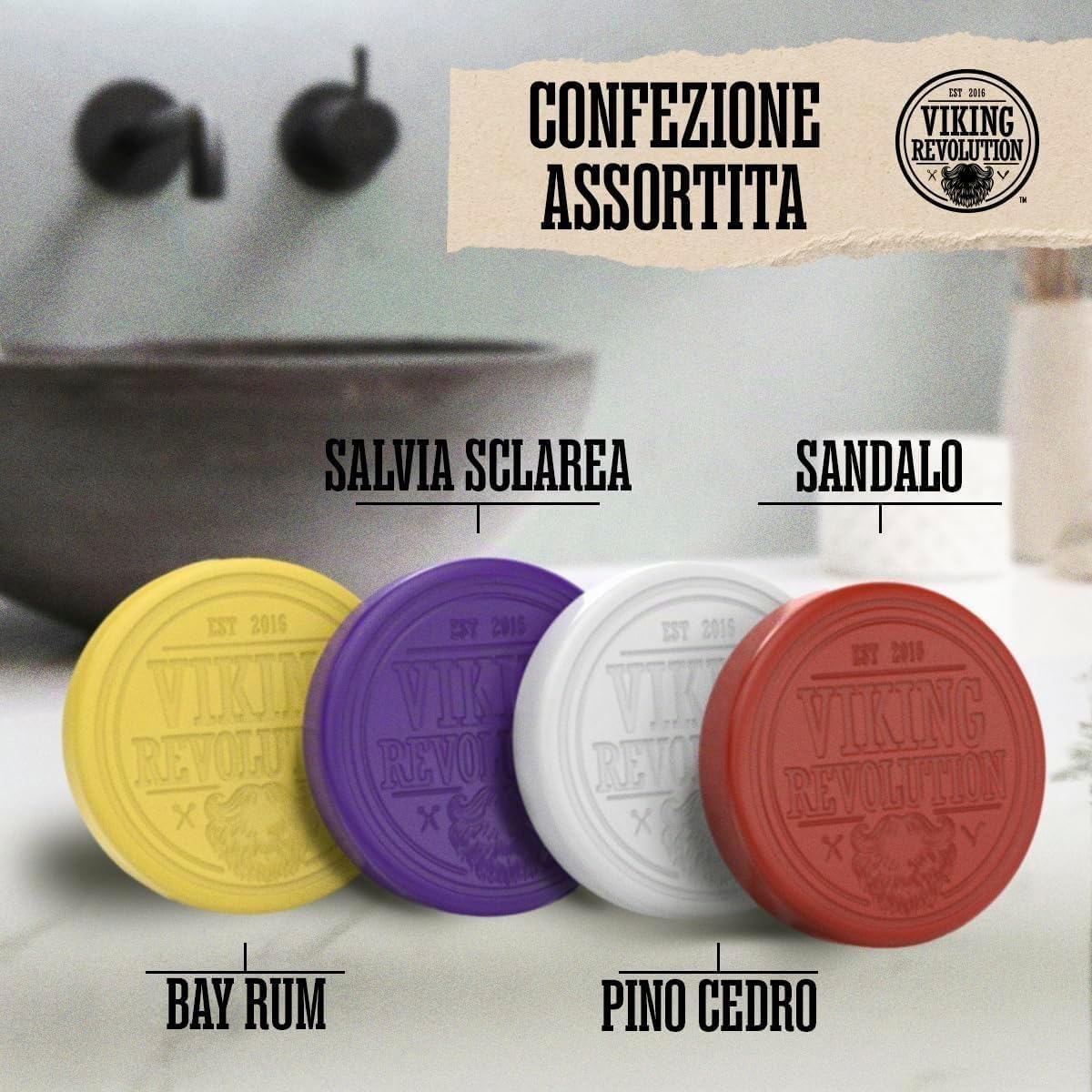 Viking Revolution Sapone da Barba Uomo - Sapone da Rasatura per Uso con Spazzola e Ciotola - Rasatura a Umido più Morbida - Confezione Assortita da 4 Saponette per Rasatura da 70 g.
