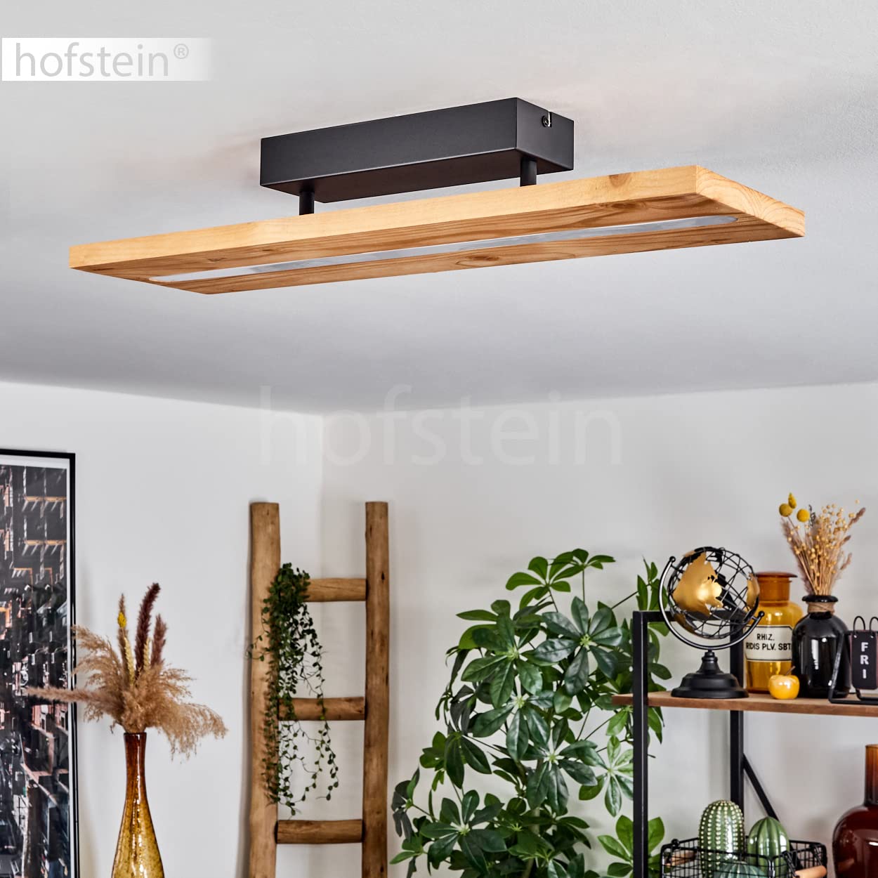 hofstein Lámpara de techo LED Adak, lámpara de techo regulable de metal/madera/plástico en negro/naturaleza/blanco, Lámpara con pantalla de madera, LED 15,5 vatios, 1750 lumen, 3000 K