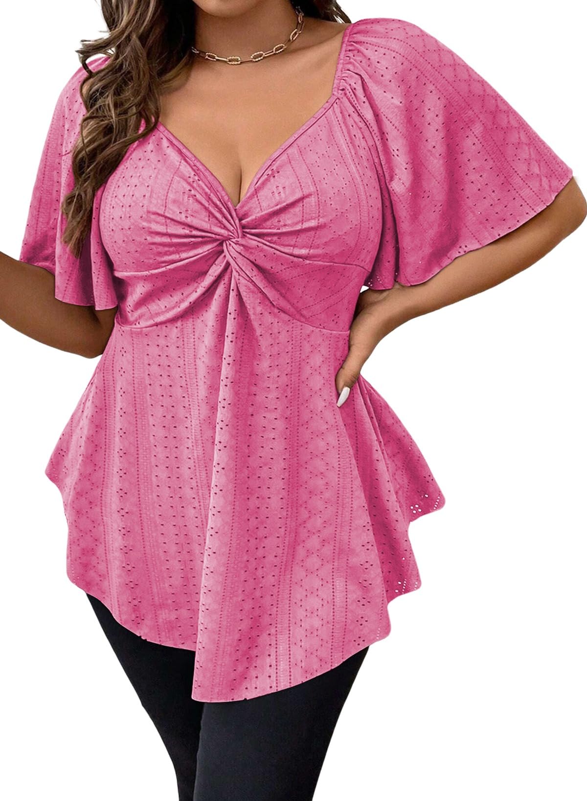 Eytino Womens Plus Size Tops Twist Front V Neck Short Sleeve Eyelet Embroidery Summer Loose Blouse Shirts(1X-5X)