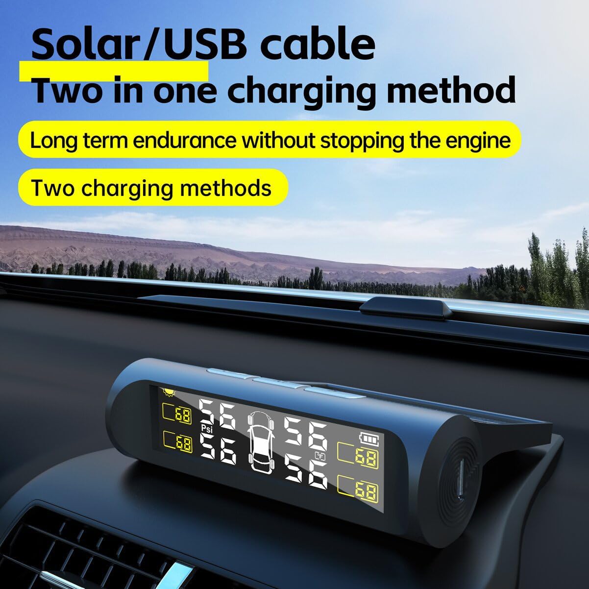 Solar Power Car Tire Pressure Monitoring Tool System, Real-time Monitoring Pressure and Temperature, TPMS with 4 Sensors & 5 Alarm Modes, Auto Sleep Mode, Easy to Install (2)