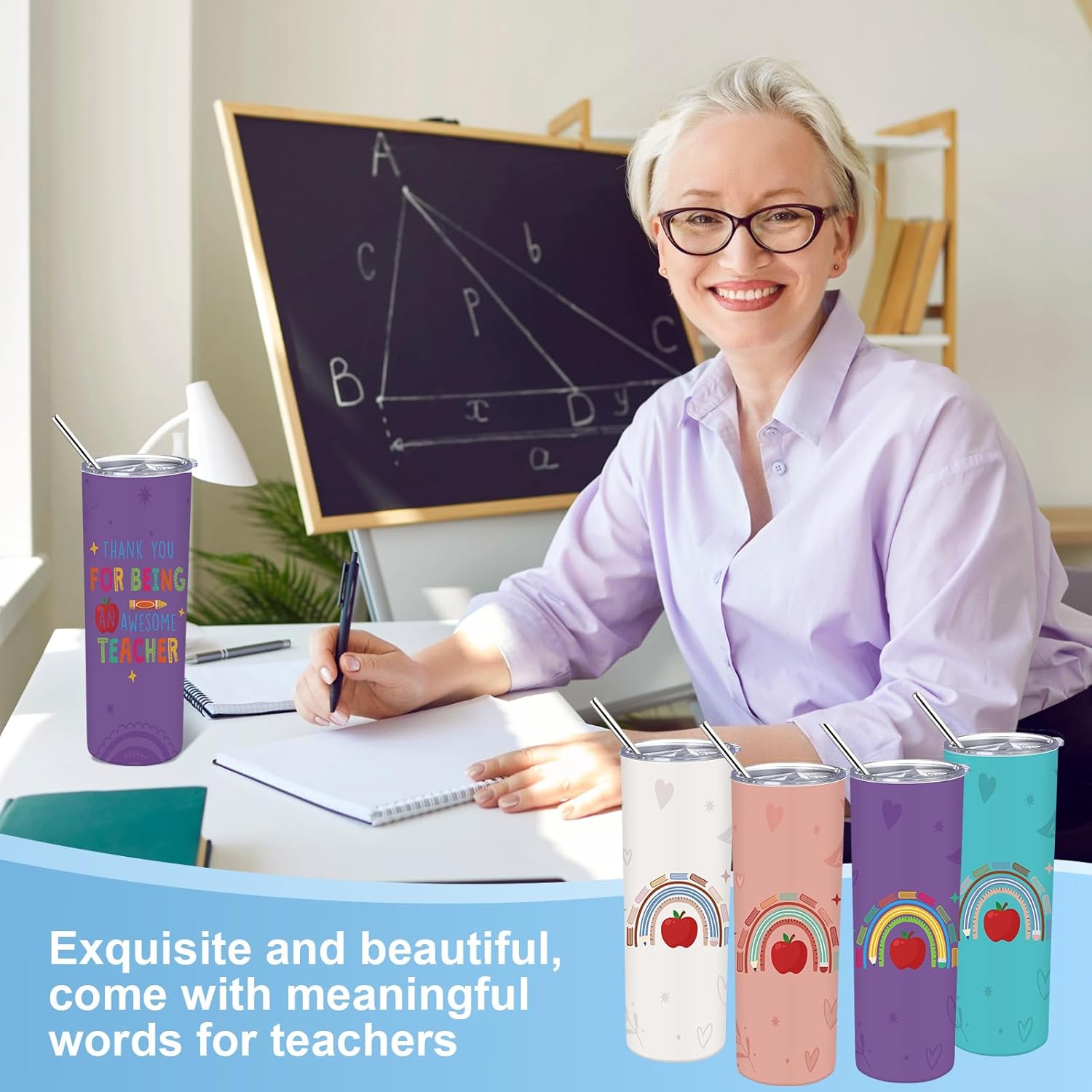 Skylety 4 Pcs Teacher Appreciation Gifts 20 oz Stainless Steel Tumbler with Lid Straw Best Teacher Gifts Rainbow Coffee Mug for Women Men Birthday Retirement Gift(Apple) - Image 2