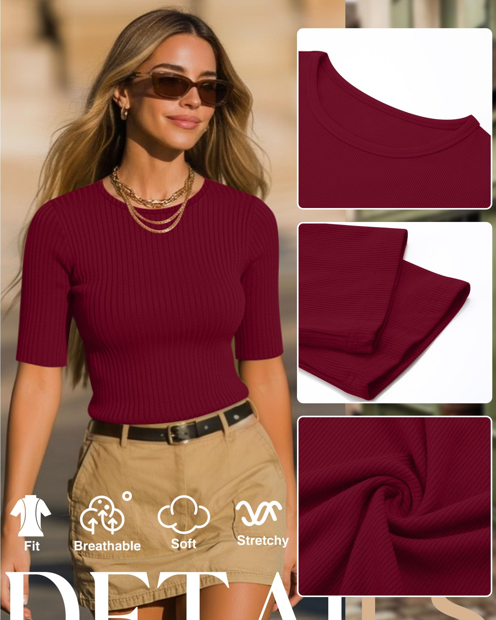 Riyiper – Lot de 3 Hauts pour Femme à Manches mi-Longues – T-Shirts d'été en Coton côtelé à col Rond – Coupe ajustée – Blouses décontractées