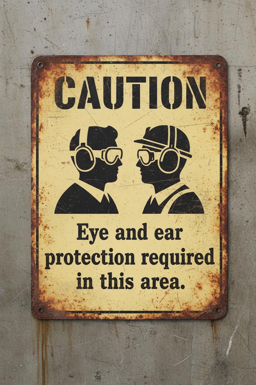 Wall Decor Ansi Safety Sign, Caution: Eye And Ear Protection Required Metal Sign 8x12Inch Clear Signage For S, Fences Vintage Signs Aluminum Plates Printed