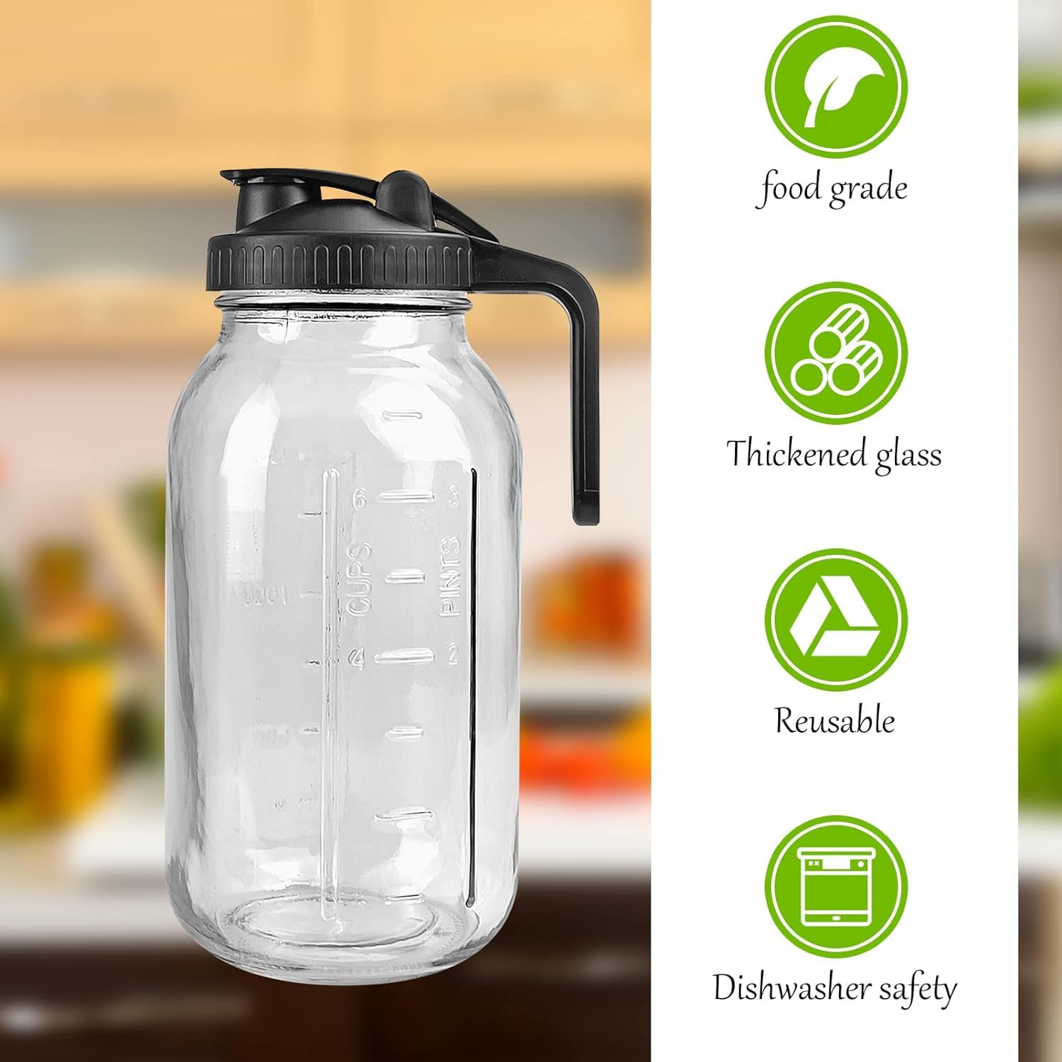 MEETOZ 64 oz Mason Jar Pour Spout, 2 Quart Glass Water Pitcher with Wide Mouth Airtight Lid for Ice Tea Cold Brew Coffee - Image 3