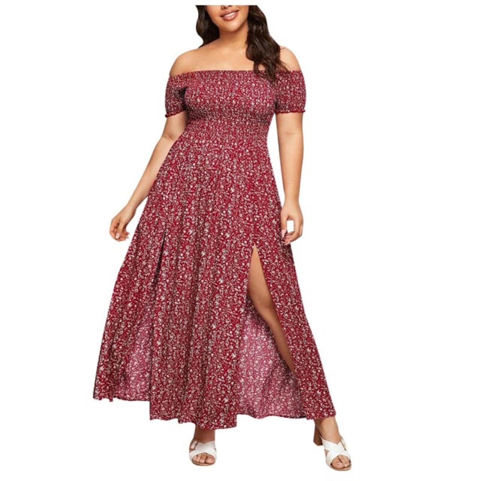 SUYGGCK Vestito Donna Elegante Donne Estive Abiti Lunghi Casual Casual Plus Size Maxi Abiti Vintage Fuori Spalla Sottile Abito Ankel Lungo