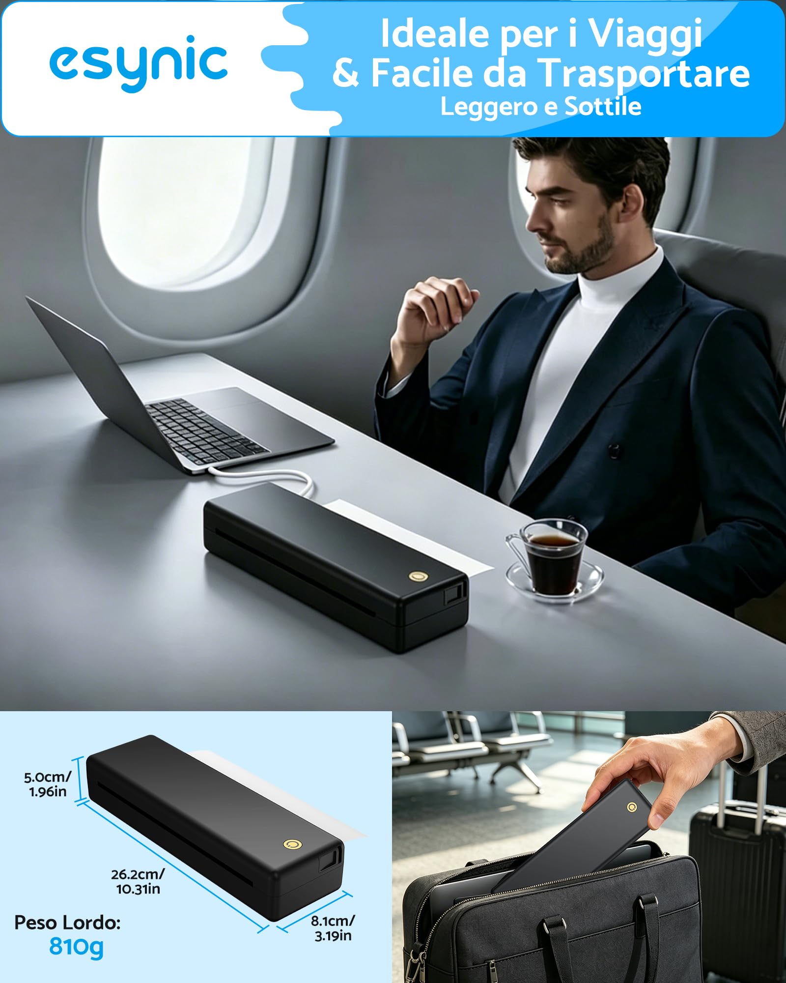 eSynic Stampante Termica Portatile A4 Senza Inchiostro, Supporta Multi Format, Stampante Wireless Bluetooth + USB, Compatibile con iOS Android Windows Mac, Ideale per Ufficio, Studio e Viaggio - Nero