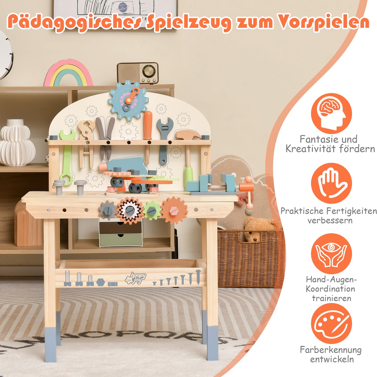 GOPLUS Kinder Werkzeugbank, Spielwerkbank aus Holz mit magnetischem Werkzeughalter, Arbeitsplatte & unterer Ablage, Kinderwerkbank mit reichhaltigem Zubehör und Werkzeug für Kinder ab 3