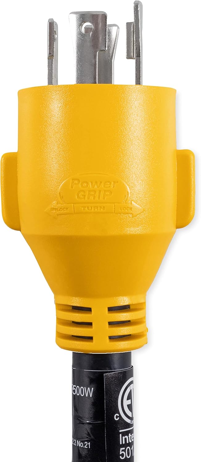 Camco PowerGrip Camper/RV Generator Adapter | Features a 4-Prong L14-30 Male End and a Standard 50-Amp Female End | Rated for 125/250 Volts & 7500 Watts (55422)