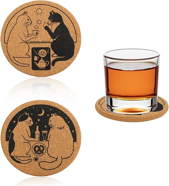 Cork Coasters, Averrex Set of 6 Round Drink Coasters Heat Resistant with Lovely Cats Pattern, Decorative Cup Coasters Protect Drips Dents Non Slip Mat for Mugs and Cups (Size 10cm)