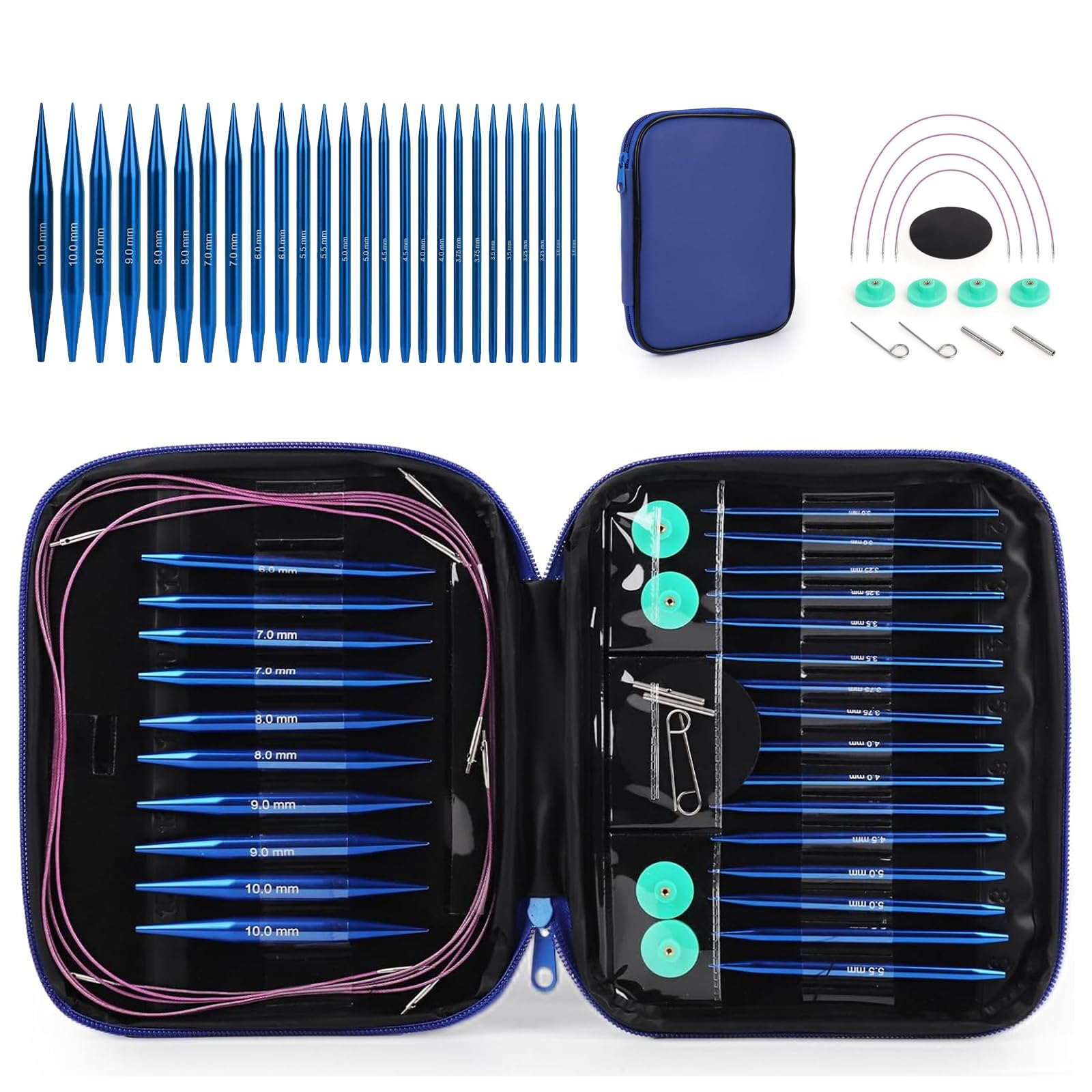 Juego de Agujas Circulares Intercambiables KOSLEOW, 13 Pares de Punteras 3,0-10,0mm con Cables 40/60/80/100cm, Agujas de Tejer de Aluminio Anodizado Azul para Lana Gruesa, Bolsa de Almacenamiento
