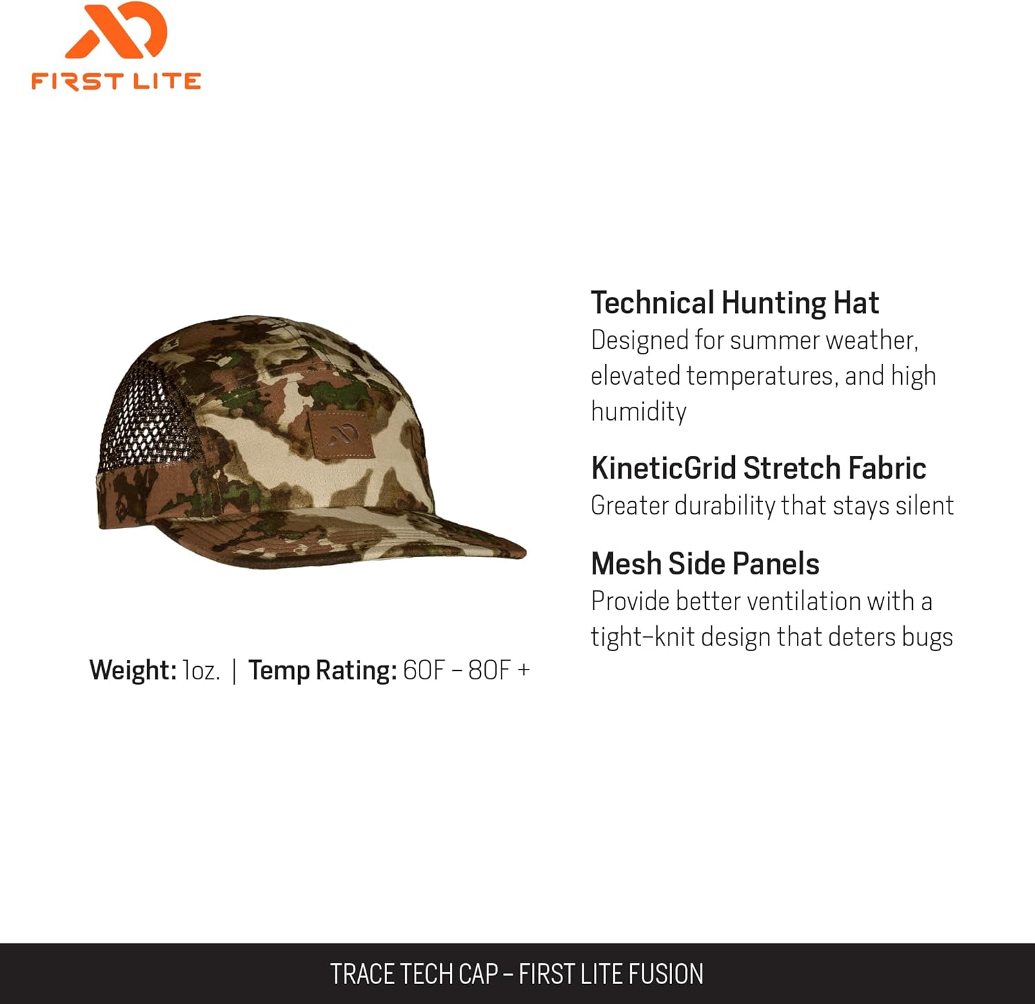 First Lite Trace Tech Cap - Lightweight Packable Camo Mesh Hunting Hat