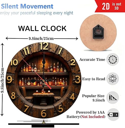 Miniatura 4 de Reloj de bar vintage con pantalla de botellas de whisky, reloj de pared de madera de 10 pulgadas, movimiento silencioso, funciona con pilas AA no