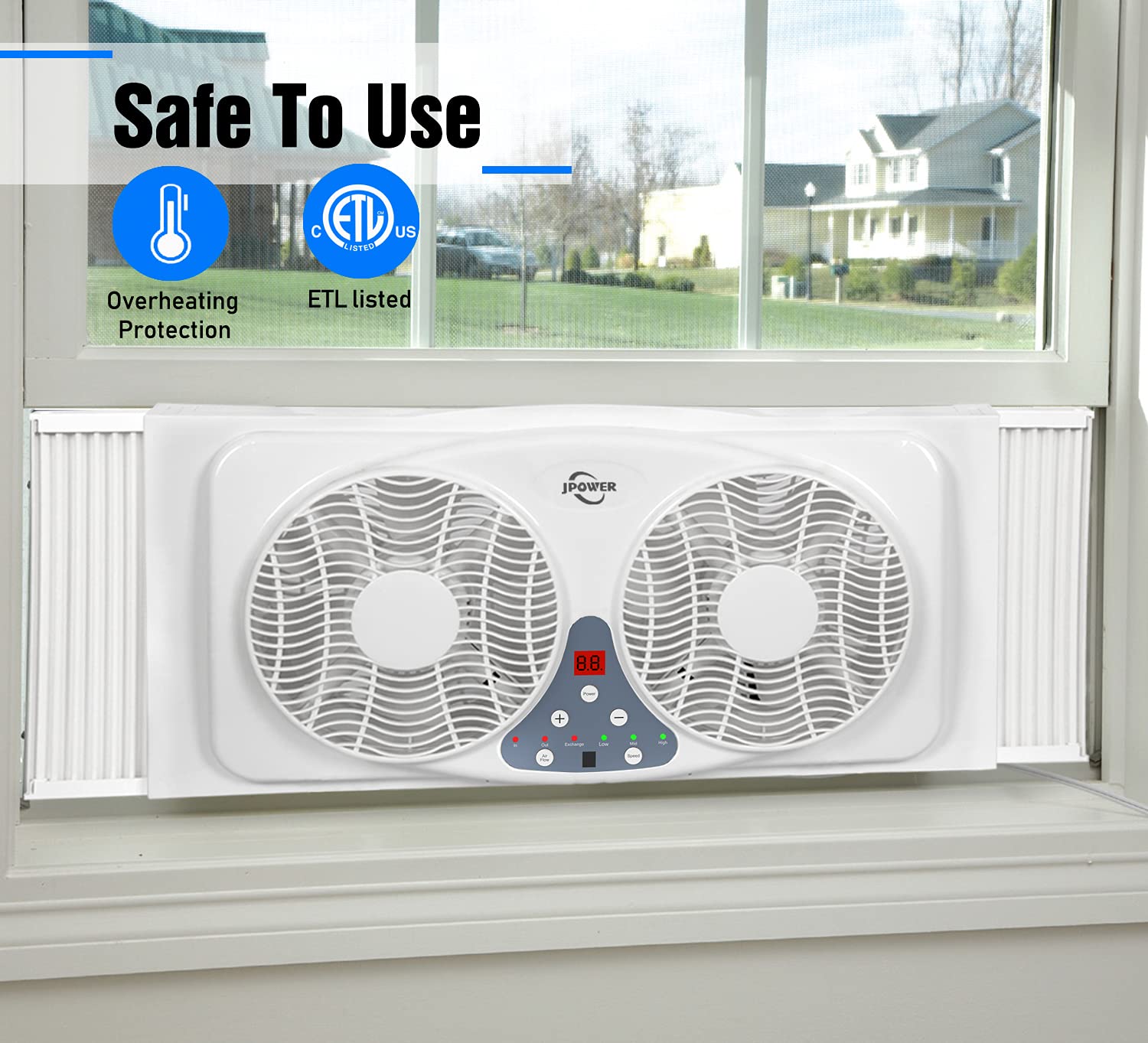 JPOWER 9 Inch Twin Window Fan With Remote, 3-Speed Reversible Air Quiet Flow and Thermostat Control,ETL Safety Listed