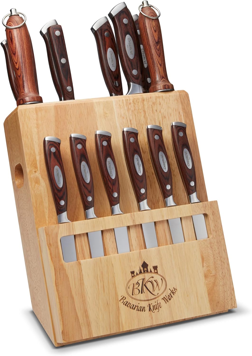 Bavarian Knife Works 19 Pieces Kitchen Knife Set, Knife Block Set with Steak Knives, Razor Sharp Blades, Ergonomic Pakkawood Handle, Light Weight Easy to Sharpen made of German Steel