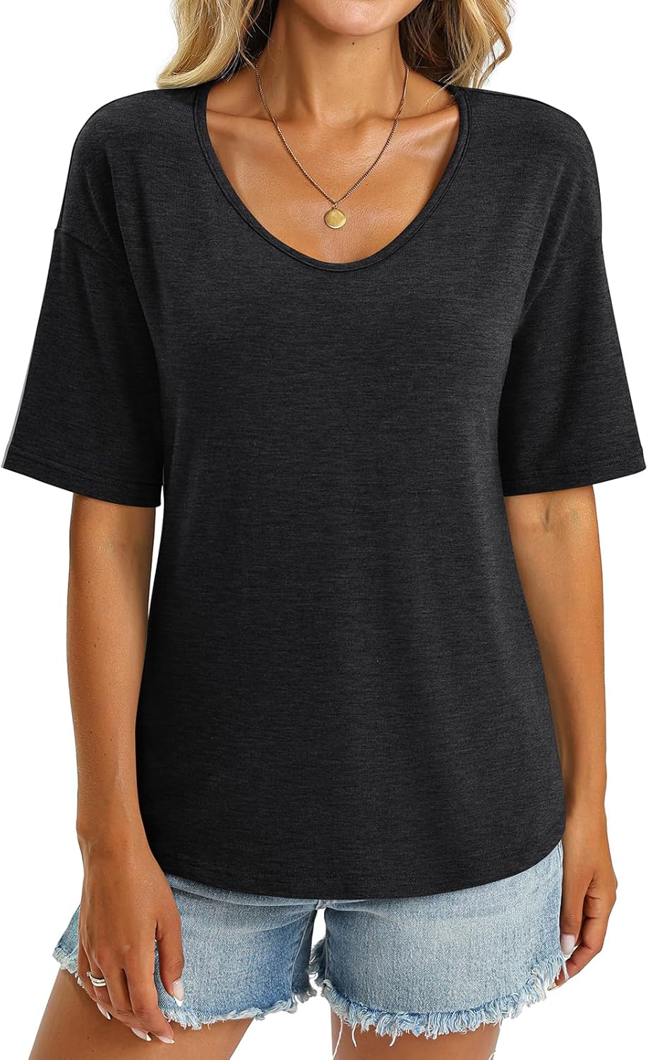 Women's V Neck Tops Elbow Length Shirts Loose Fit Summer Tops Basic Tees - Image 3