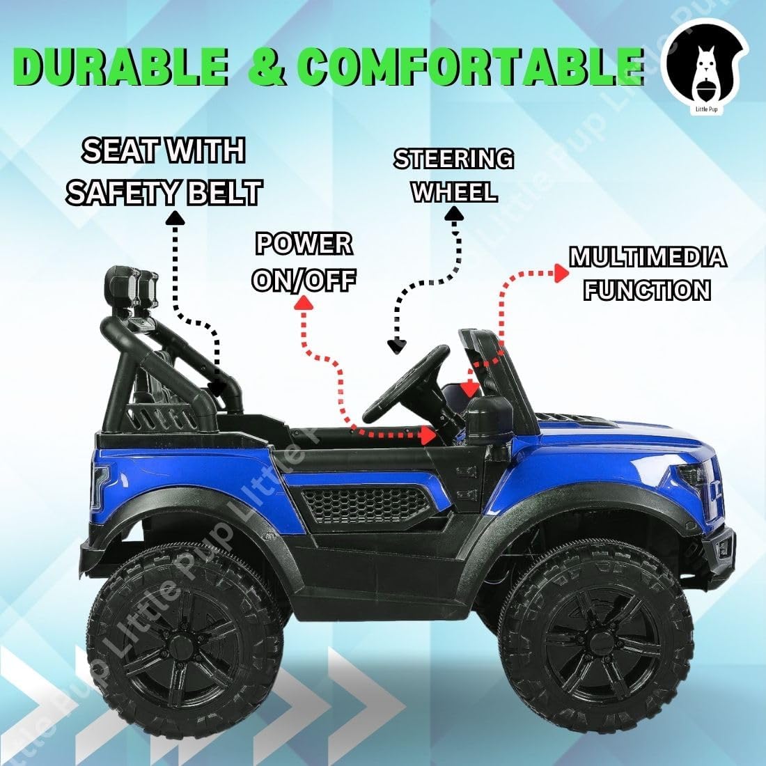 LittlePup 12V Battery Operated Jeep for Kids 1-6 Years with Parent Remote Control, Bluetooth Music, LED Lights, Rechargeable Ride On Electric Car, Off-Road Toy SUV(Blue) 1