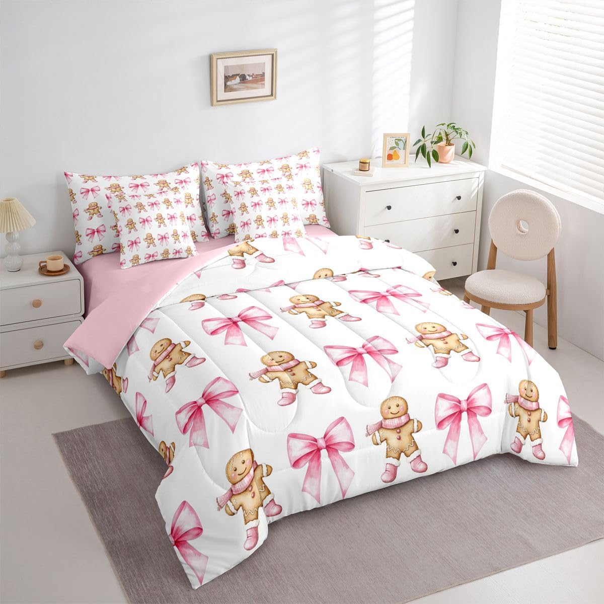 Gingerbread Man Kids Sheet Twin Size,Cute Bowknot Winter Xmas Holiday Bedding Set, Merry Christmas Cartoon Boys Girls Room Decor, Pink White Yellow Sheet(Fitted+Flat+1 Pillowcase)
