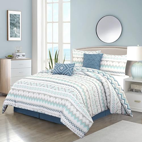 Miniatura 6 de Grand Avenue Juego de edredón azul tamaño King, 6 piezas, juego de ropa de cama geométrica con estampado de microfibra, falda de cama, almohadas y