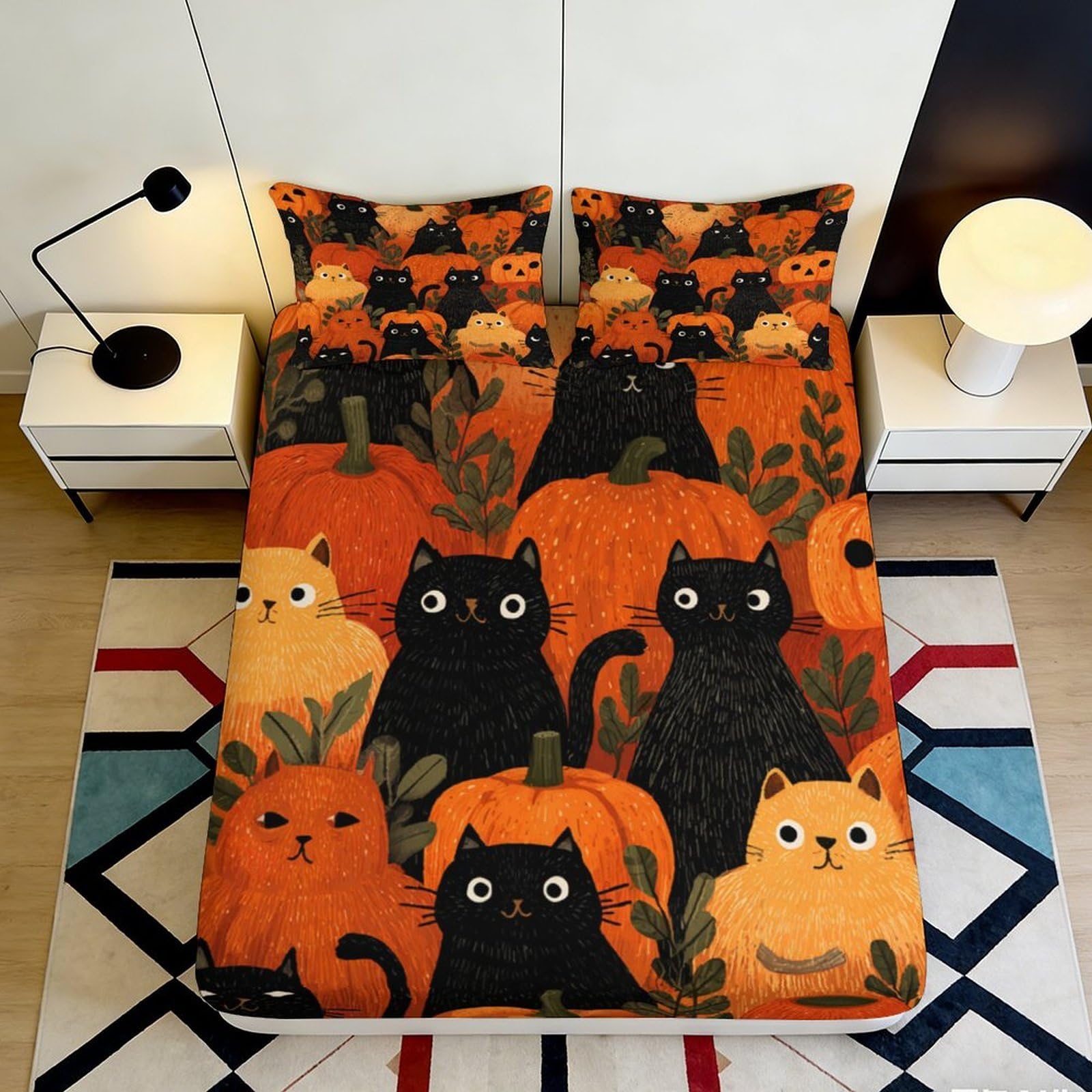 Dhbaneiok Style-8 3D Printed Halloween Cat Pumpkin Fitted Sheet Microfiber Soft Bed Cover For Bedroom Dorm Mattress Decor 90X200x25cm