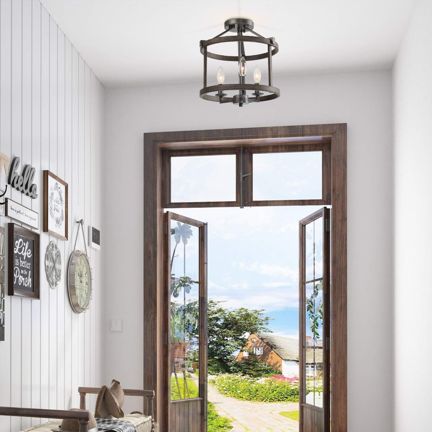 LNC Farmhouse Faux-Wood Semi Flush Mount Ceiling Light Fixture for Bedroom, Hallway, Foyer, Entryway, Kitchen, Stairway, Dining & Living Room.