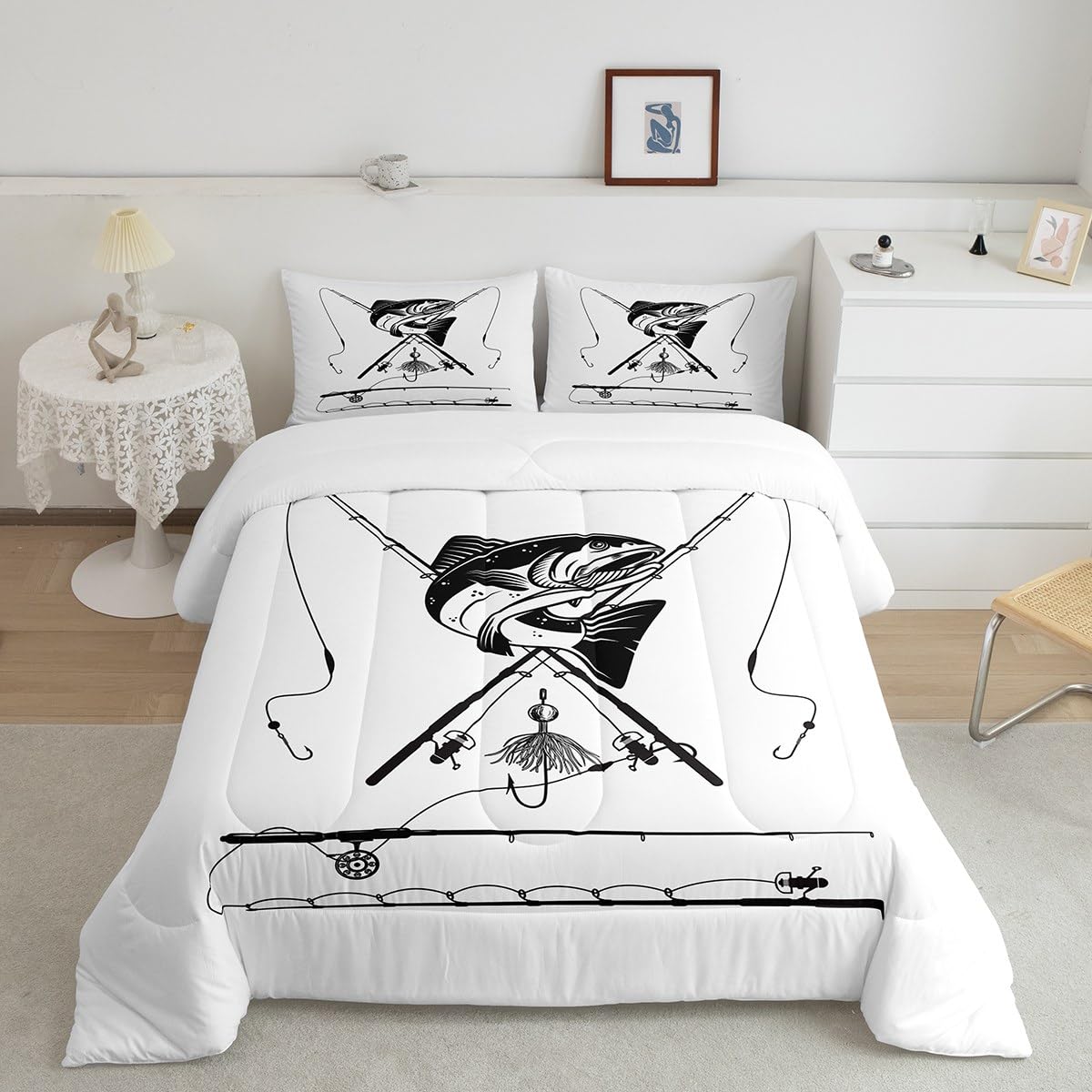 Erosebridal Fish Hunting Bedding Set Big Pike Fish Comforter Set Twin,Kids Adults Fishing Hook Down Comforter for Black and White Fishing Room Decor,
