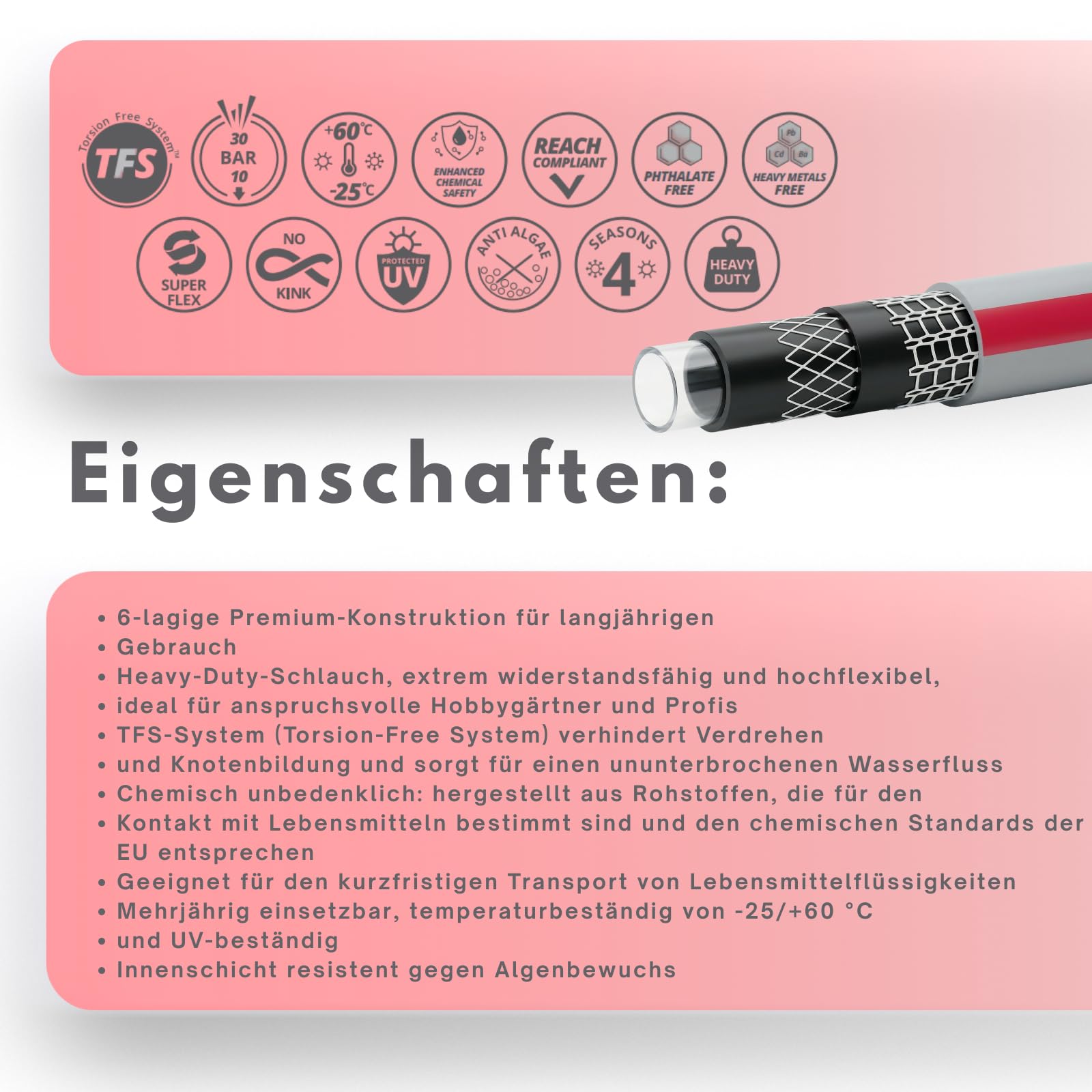 Professional Plus 6-lagiger Gartenschlauch 3/4" 100m mit Anschlusssatz – Trinkwasserschlauch Lebensmittelschlauch – Torsion-Free System (TFS) – Flexibel UV-beständig 30 Bar