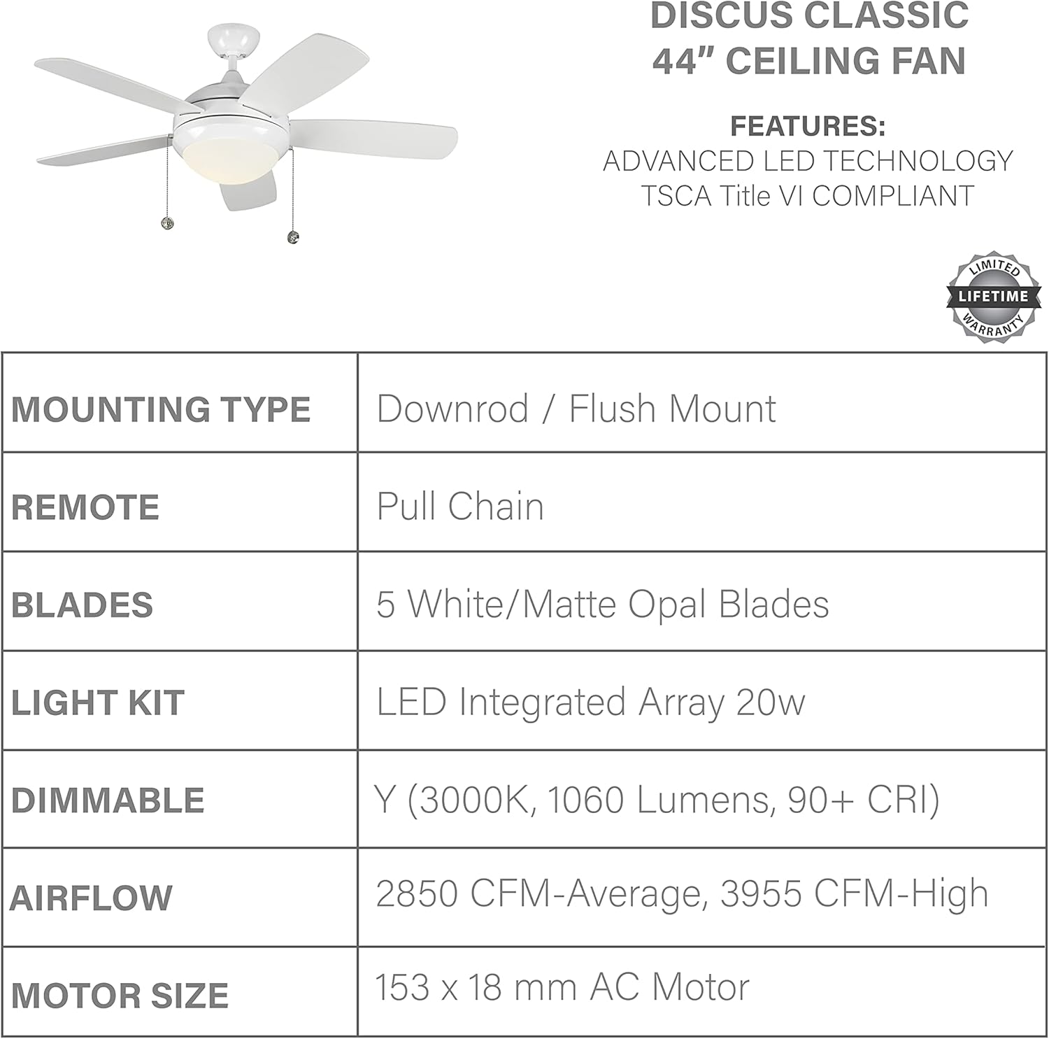 Featured Product Monte Carlo 5DIC44WHD-V1 Discus Classic II 44 Ceiling Fan with LED Light and Pull Chain, 5 Blades, White