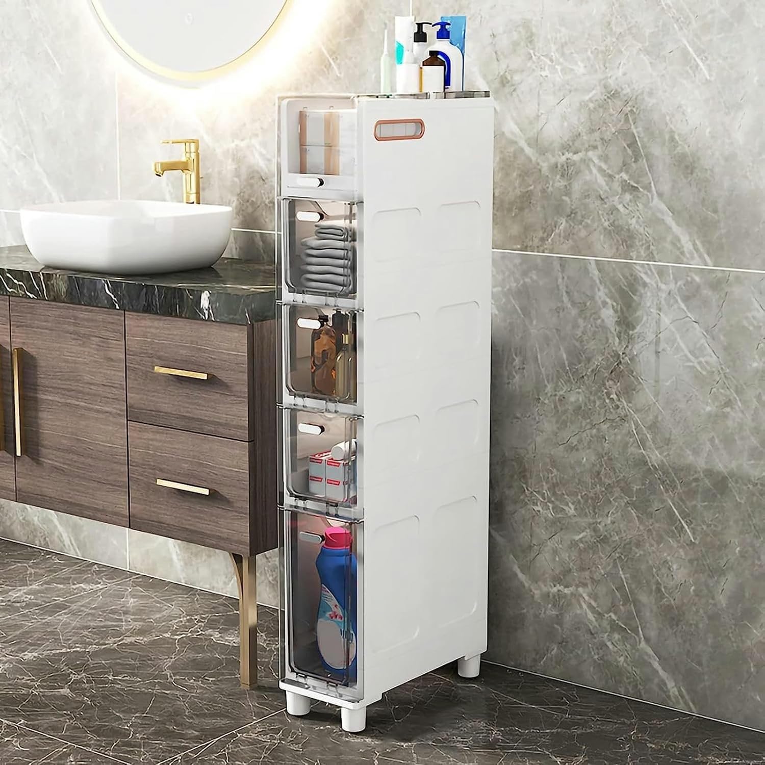Cassettiera sottile a 5 ripiani con cassetti trasparenti e rotelle, robusta cassettiera stretta per bagno, camera da letto, ingresso, design salvaspazio (grigio trasparente)