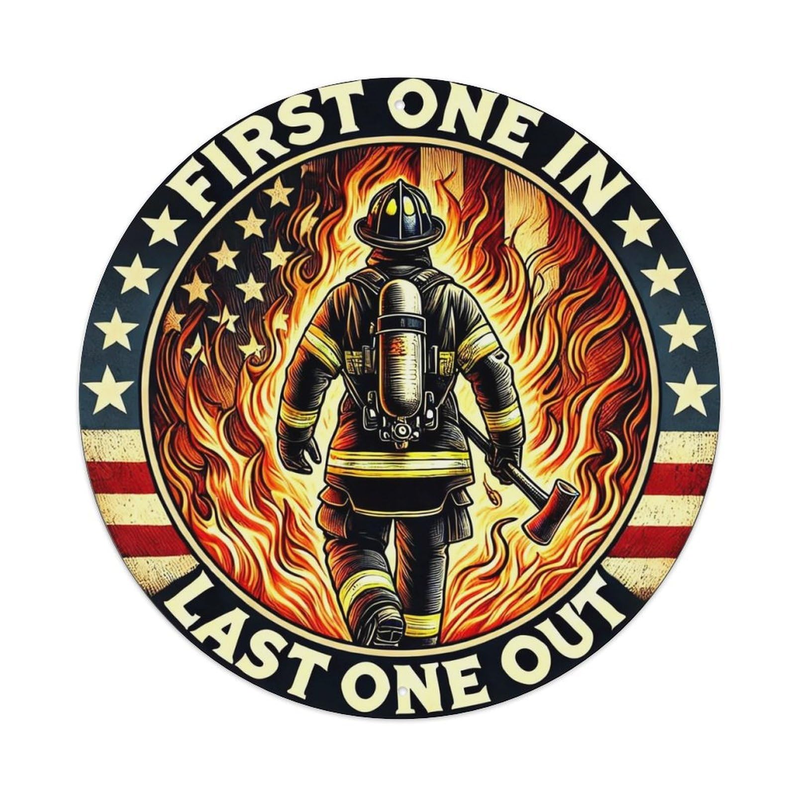 Firefighter Back Flame American Flag Design Vintage Metal Tin Sign Retro Wall Decor for Home Bar Garage Cafe, Indoor & Outdoor Decorative，circle Metal Poster, 8x8 Inch