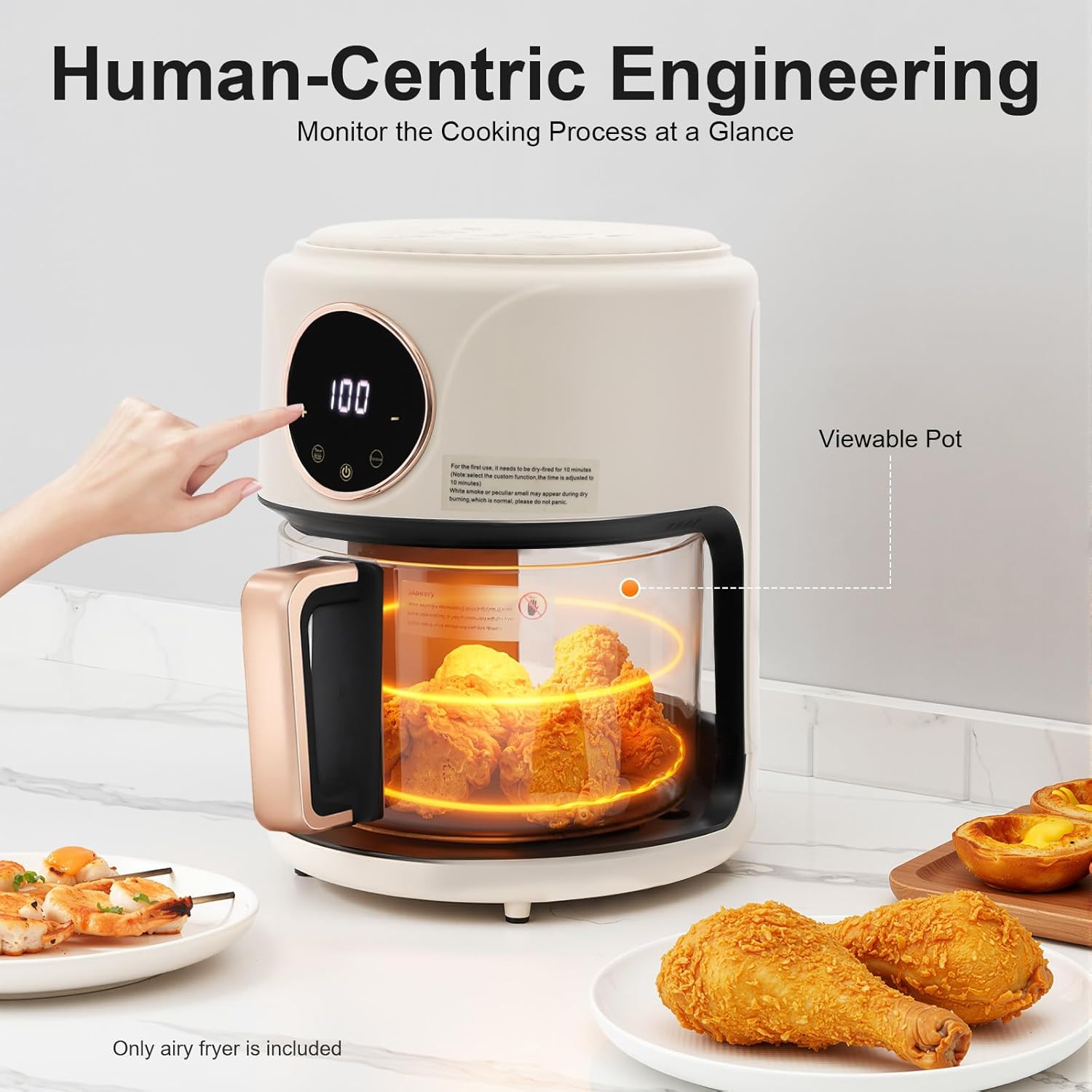 4.44 Quart Air Fryer, Borosilicate Glass Basket - Nonstick & Dishwasher Safe, 360° View, Adjustable Temperature, Touch Panel Control, 0-60min Timer 1200W for Home Kitchens (White)