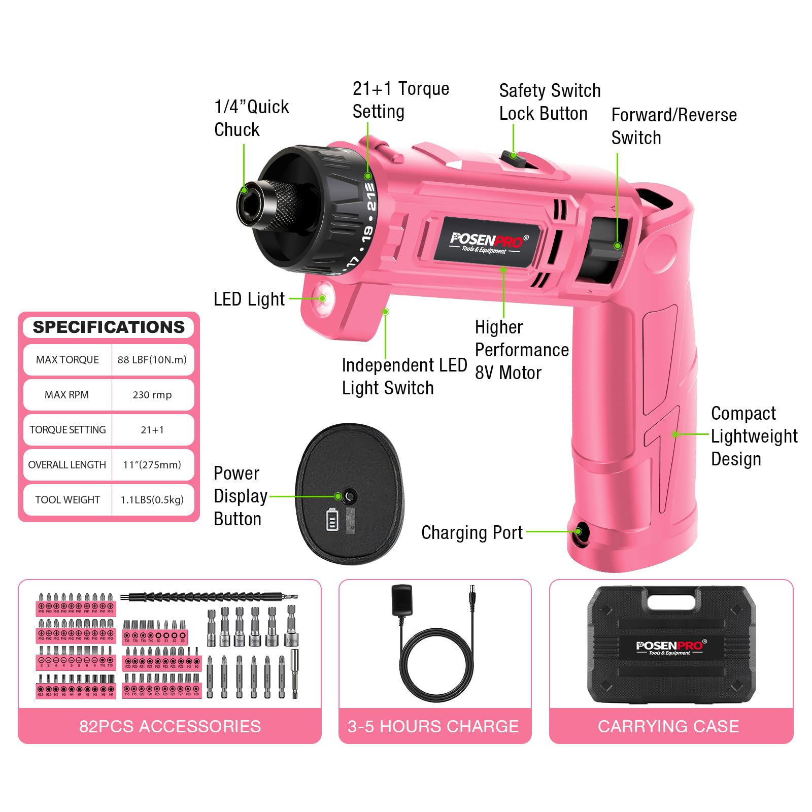 Avvitatore Elettrico, POSENPRO 10Nm Cacciavite Elettrico, 21+1 Coppia di Serraggio, 82 Punte, 1500mAh Li-ion 8V, 2 Diversi Angolazione a Piegare, Luce LED, Migliore Regalo di DIY