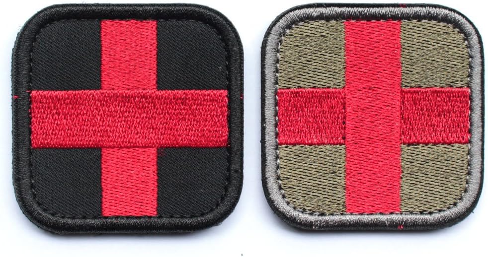 2pcs Bundle - Embroidered Medic Cross Tactical Patch with backing red & black / Red & Green Decorative Badge appliques